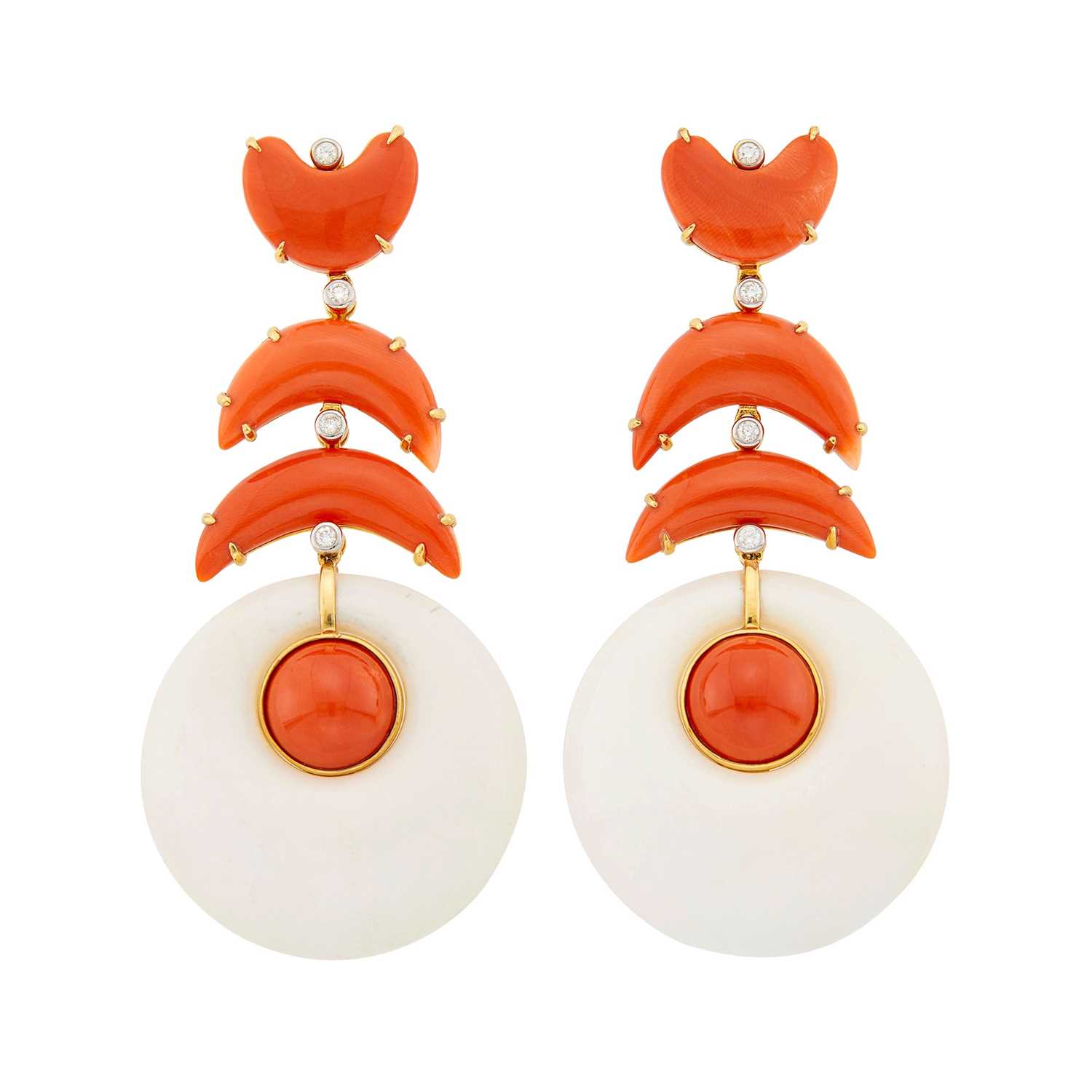 Lot 2034 - Pair of Gold, Coral and White Agate Pendant-Earclips