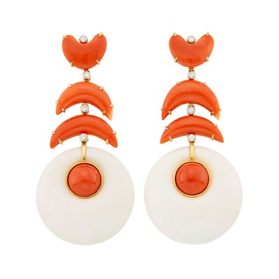 Lot 2034 - Pair of Gold, Coral and White Agate Pendant-Earclips