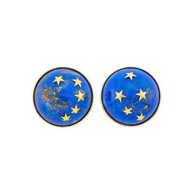 Lot 2074 - Pair of Gold and Lapis Star Dome Earclips