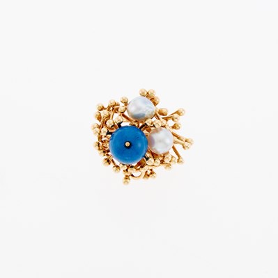 Lot 3081 - Gold, Lapis Bead, Cultured and Freshwater Pearl Ring