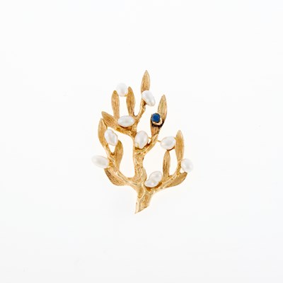 Lot 3211 - Gold, Baroque Cultured Pearl and Sapphire Brooch