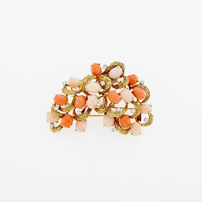 Lot 3208 - Two-Color Gold, Coral and Diamond Brooch