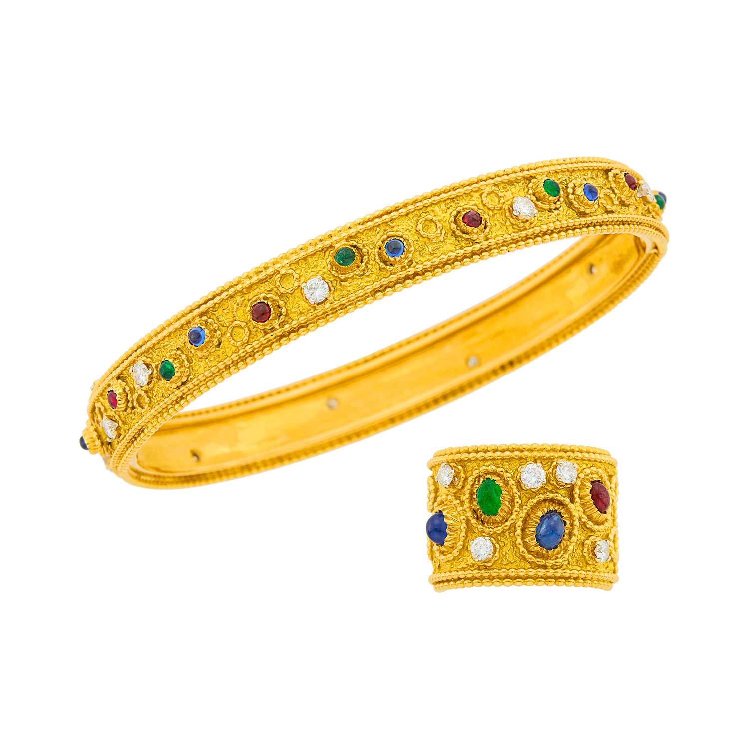 Lot 110 - Van Cleef & Arpels Gold, Cabochon Colored Stone and Diamond Bangle Bracelet and Ring, France