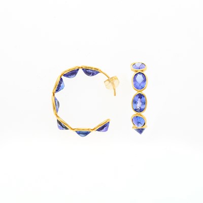 Lot 2189 - Pair of Gold and Tanzanite Hoop Earrings