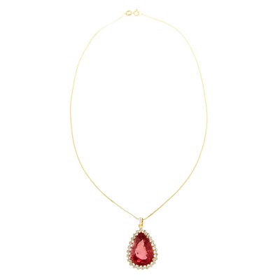 Lot 1094 - Two-Color Gold, Pink Tourmaline and Diamond Pendant with Chain Necklace