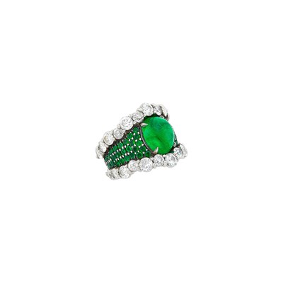 Lot 145 - Platinum, Silver, Cabochon Emerald, Emerald and Diamond Ring