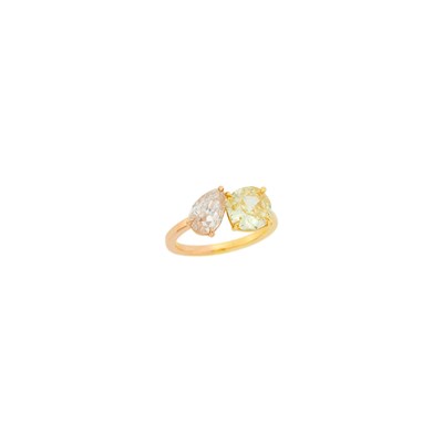 Lot 97 - Two-Color Gold, Colored Diamond and Fancy Light Yellow Diamond 'Toi et Moi' Ring