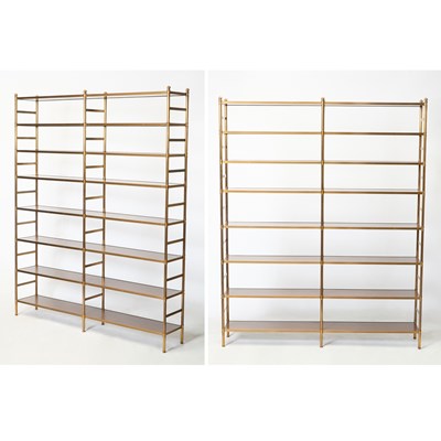 Lot 356 - Pair of Brass and Wood Open Bookshelves