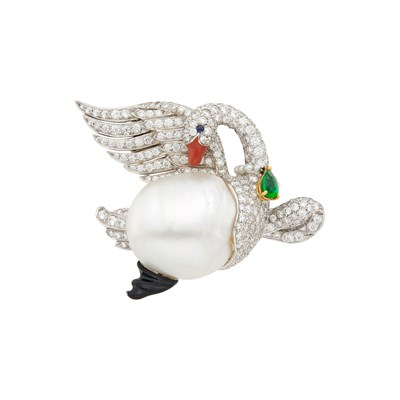 Lot 191 - Verdura Platinum, Gold, Baroque Cultured Pearl, Diamond, Emerald and Enamel Swan Clip-Brooch