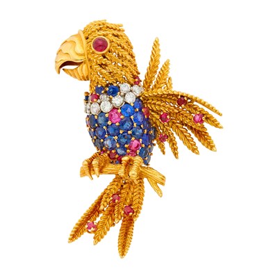Lot 193 - Gold, Gem-Set and Diamond Parrot Clip-Brooch