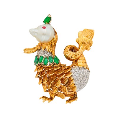 Lot 192 - Two-Color Gold, Baroque Cultured Pearl, Diamond and Gem-Set Cockatrice Brooch
