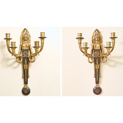 Lot 49 - Pair of Empire Gilt-Bronze and Wood Four-Light Sconces
