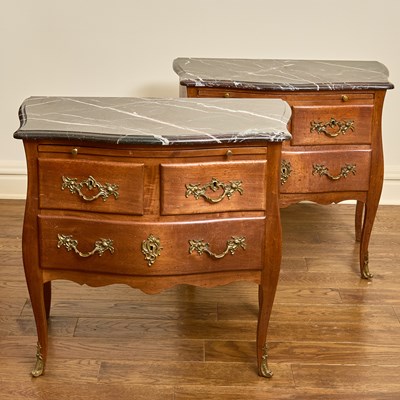 Lot 82 - Pair of Louis XV Style Marble Top Oak Bedside Commodes