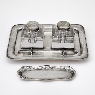 Lot 102 - Tiffany & Co. Sterling Silver and Glass Inkstand and American Sterling Silver Pen Tray