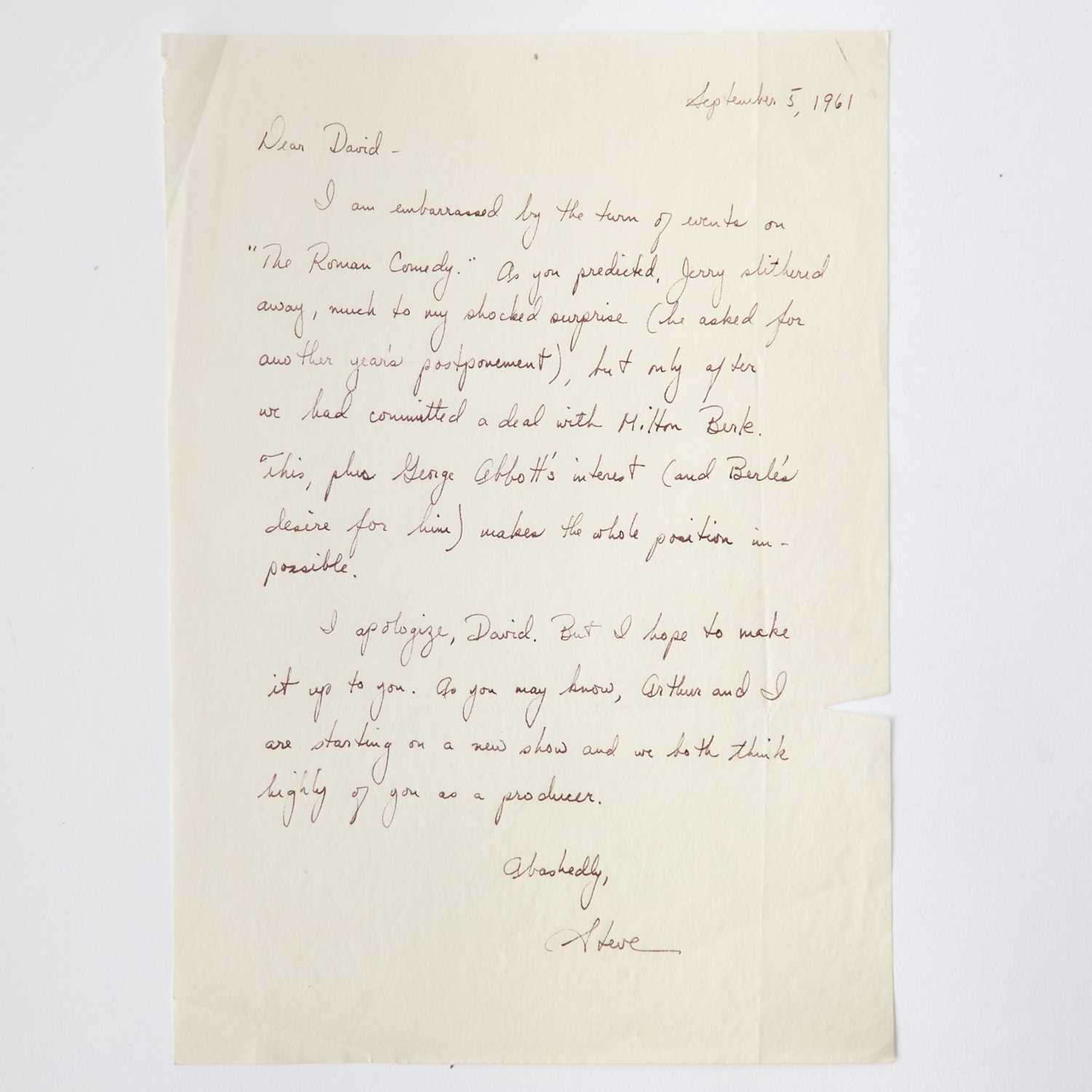 Lot 569 - Stephen Sondheim writes David Merrick about A Funny Thing Happened on the Way to the Forum