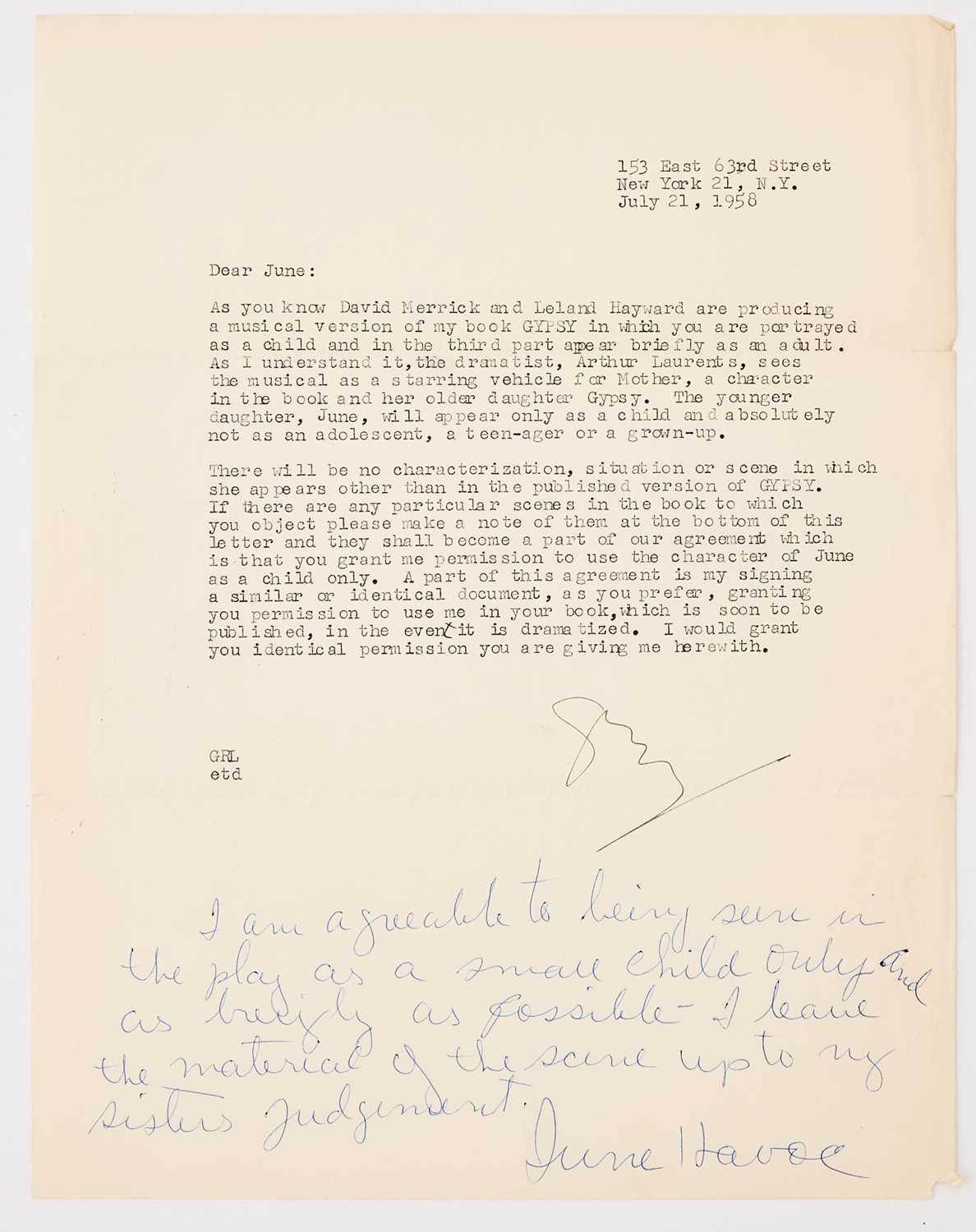 Lot 566 - Gypsy Rose Lee writes her sister June Havoc regarding her character in the musical Gypsy