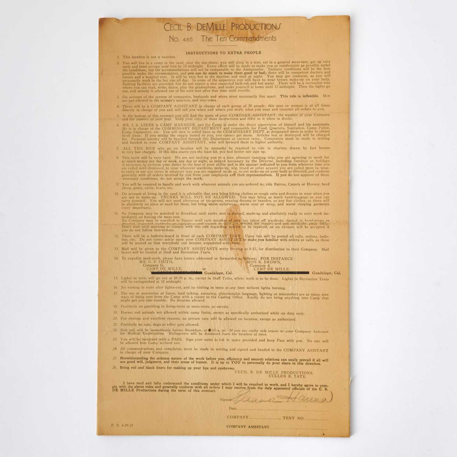 Lot 594 - The contract for extras in Cecil B. DeMille's The Ten Commandments