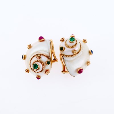 Lot 3074 - Maz Pair of Gold, Shell and Cabochon Colored Stone Earclips