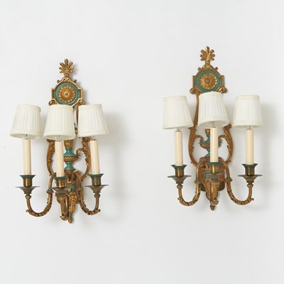 Lot 296 - Pair of Empire Style Gilt and Patinated Metal Three-Light Wall Sconces