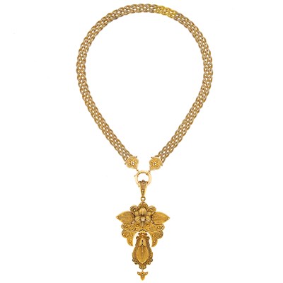 Lot 3162 - Antique Gold Pendant with Silver-Gilt Braided Mesh Necklace