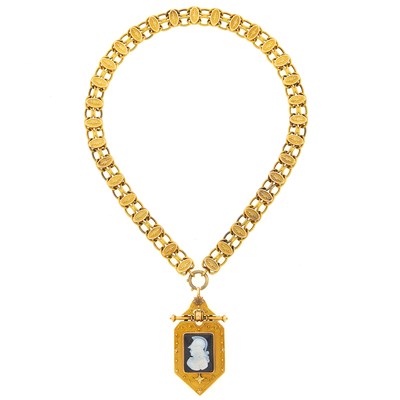 Lot 3170 - Antique Tricolor Gold and Sardonyx Cameo Locket Pendant-Necklace