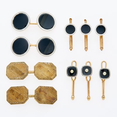 Lot 3295 - Gold, Silver and Black Onyx Dress Set, Pair of Gold Cufflinks and Three Gold-Filled Studs