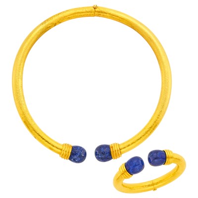 Lot 2135 - Ilias Lalaounis Hammered Gold and Sodalite Necklace and Bangle Bracelet