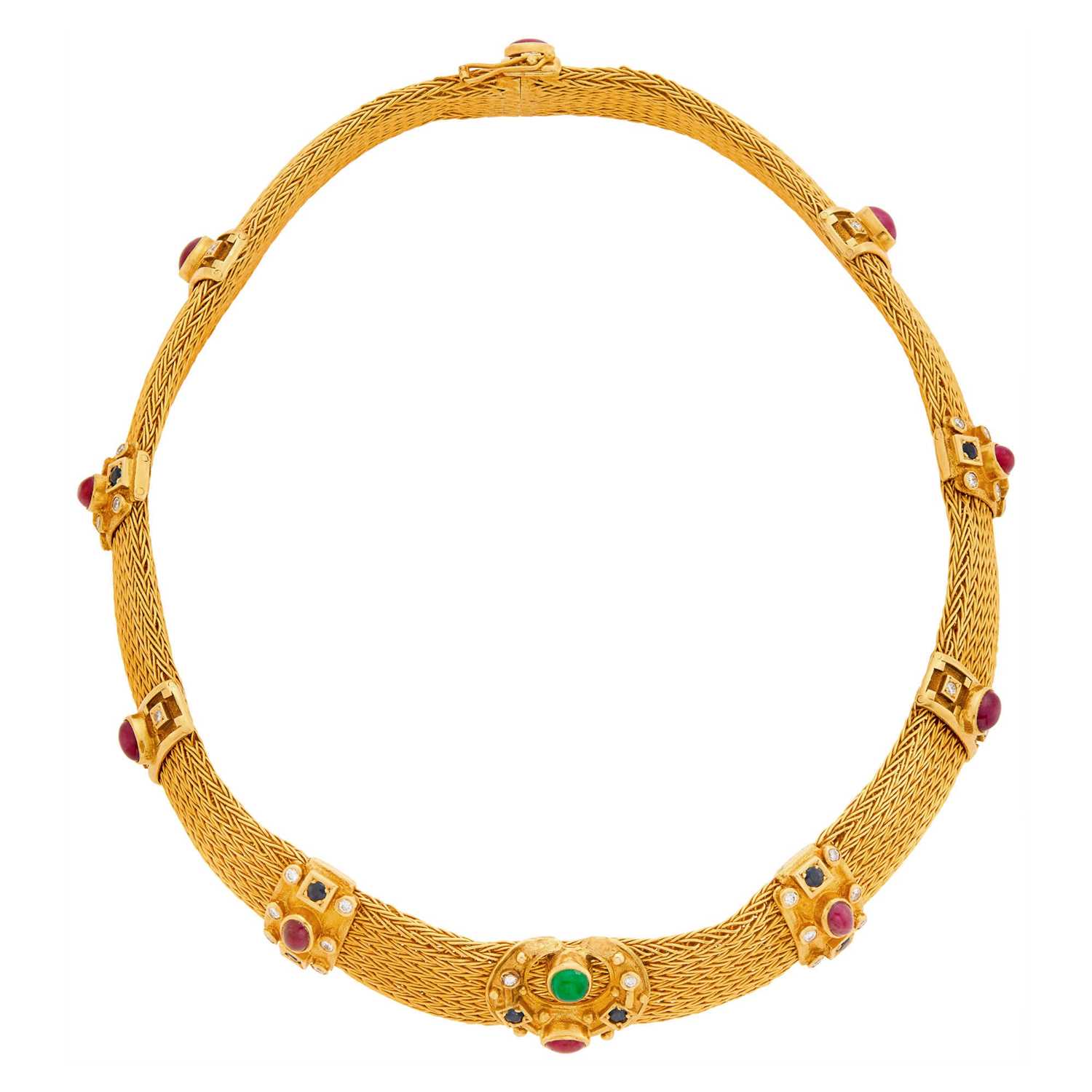 Lot 112 - Ilias Lalaounis Braided Gold Mesh, Cabochon Colored Stone and Diamond Necklace
