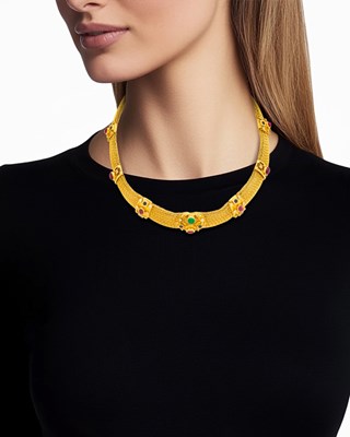 Lot 112 - Ilias Lalaounis Braided Gold Mesh, Cabochon Colored Stone and Diamond Necklace