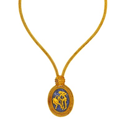 Lot 2128 - Ilias Lalaounis Gold and Sodalite 'Shield of Achilles' Pendant-Necklace