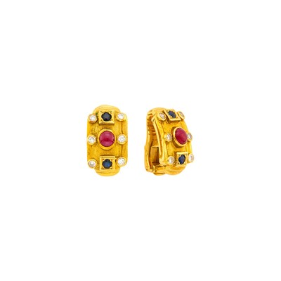 Lot 2085 - Ilias Lalaounis Pair of Gold, Cabochon Ruby, Sapphire and Diamond Earclips