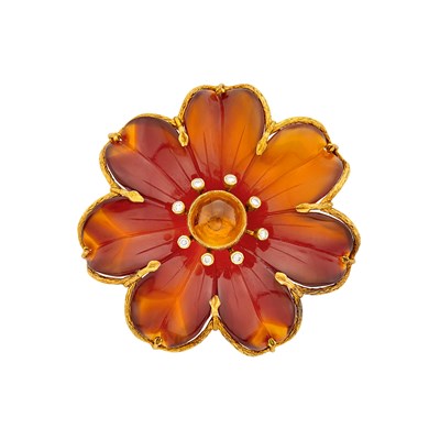 Lot 2115 - Ilias Lalaounis Gold, Carved Carnelian, Cabochon Citrine and Diamond Clip-Brooch
