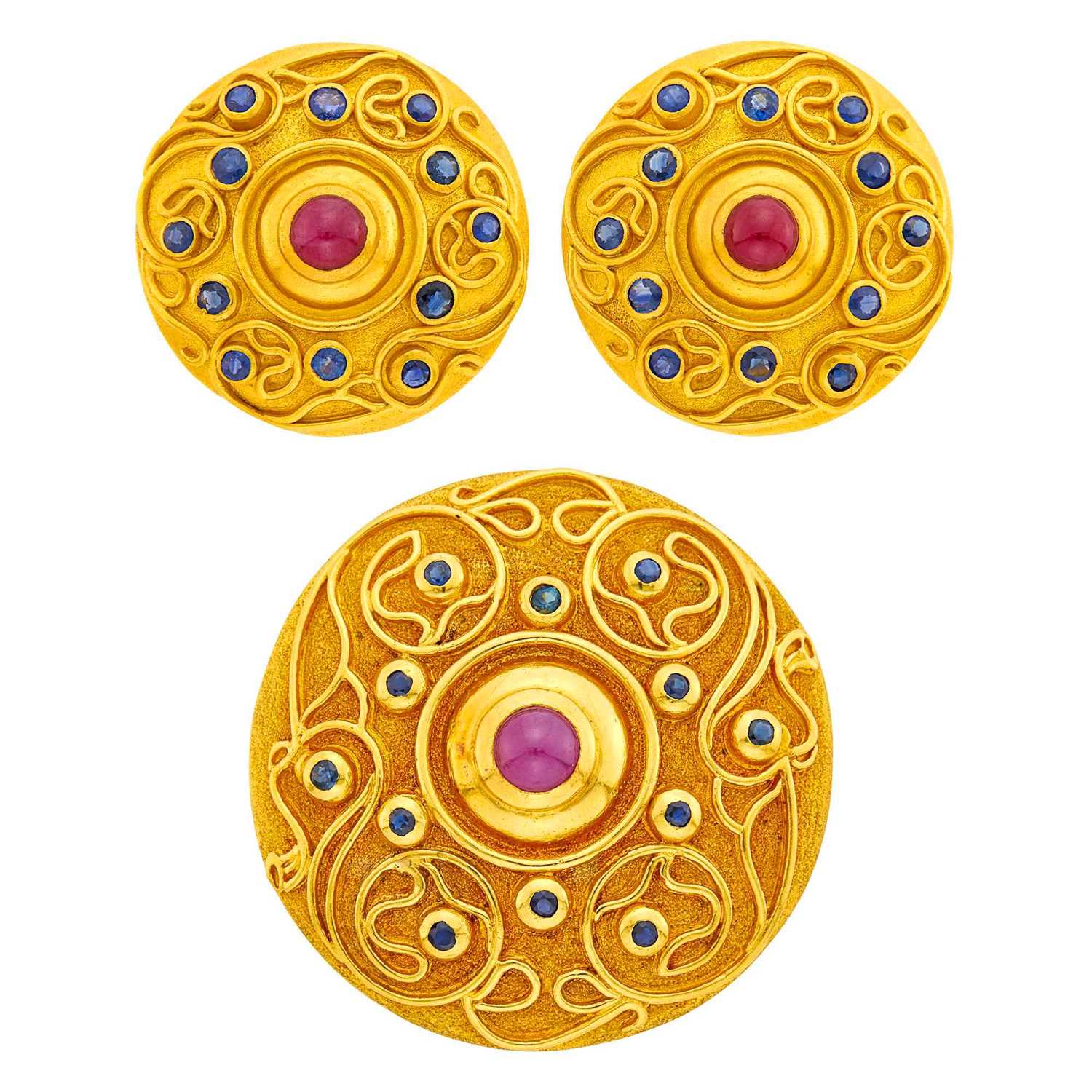Lot 111 - Ilias Lalaounis Gold and Cabochon Colored Stone Pendant Clip-Brooch and Pair of Earclips