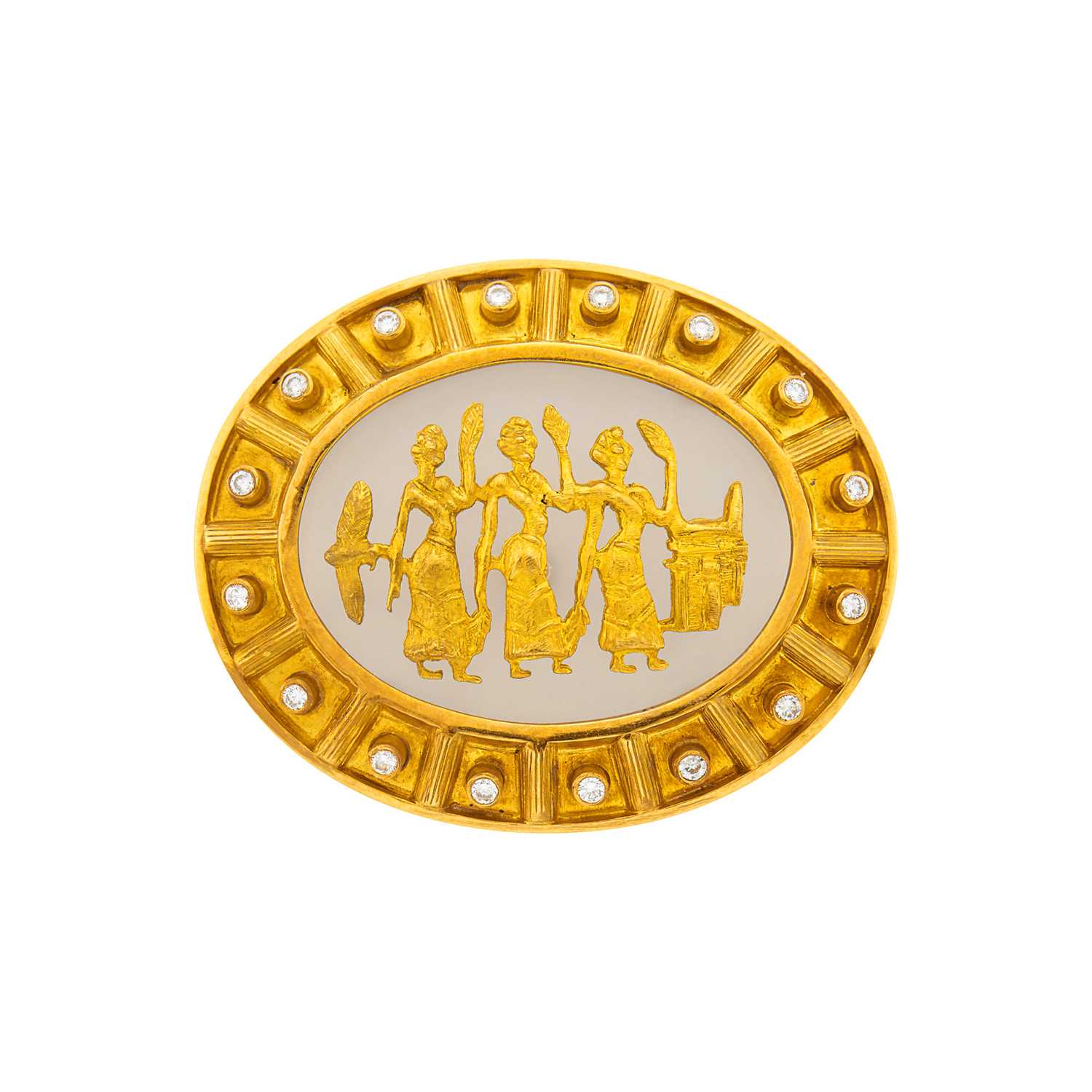 Lot 2130 - Ilias Lalaounis Gold, Frosted Rock Crystal and Diamond 'Shield of Achilles' Clip-Brooch