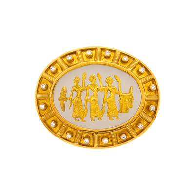 Lot 2130 - Ilias Lalaounis Gold, Frosted Rock Crystal and Diamond 'Shield of Achilles' Clip-Brooch