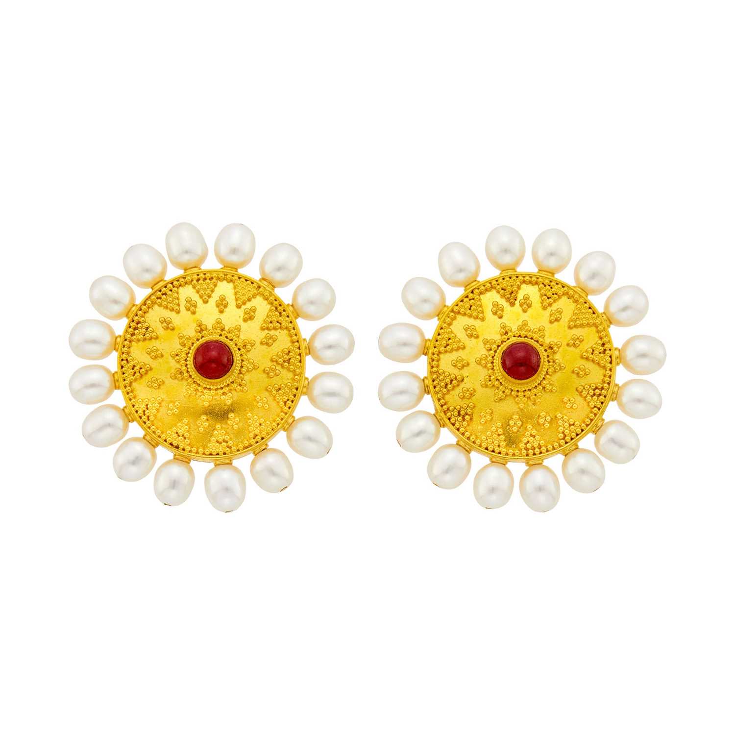 Lot 2122 - Ilias Lalaounis Pair of Gold, Freshwater Pearl and Cabochon Ruby 'Byzantine' Earclips