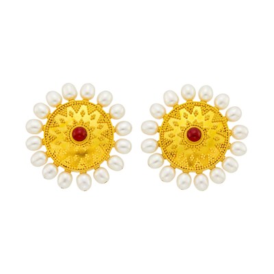 Lot 2122 - Ilias Lalaounis Pair of Gold, Freshwater Pearl and Cabochon Ruby 'Byzantine' Earclips