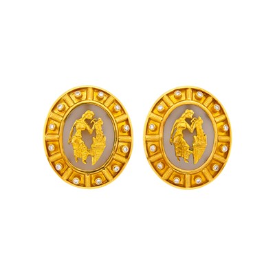 Lot 2132 - Ilias Lalaounis Pair of Gold, Frosted Rock Crystal and Diamond 'Shield of Achilles' Earclips