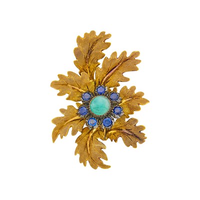 Lot 2052 - Mario Buccellati Two-Color Gold, Silver, Cabochon Emerald and Sapphire Clip-Brooch