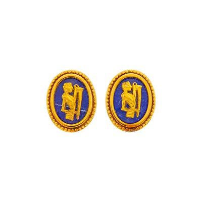 Lot 2126 - Ilias Lalaounis Gold and Sodalite 'Shield of Achilles' Earclips