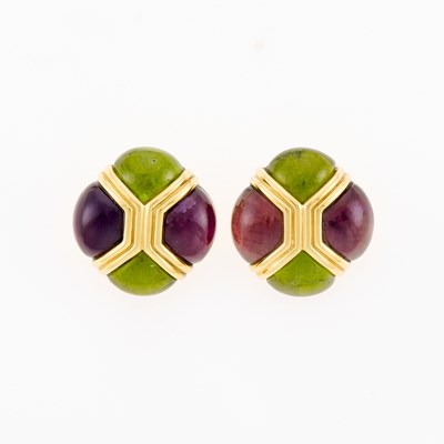 Lot 3106 - Pair of Gold, Cabochon Amethyst and Peridot Earclips