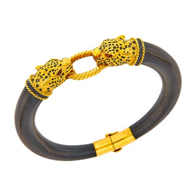 Lot 2054 - Gay Frères Gold, Wood, Black Enamel and Ruby Panther Bangle Bracelet, France