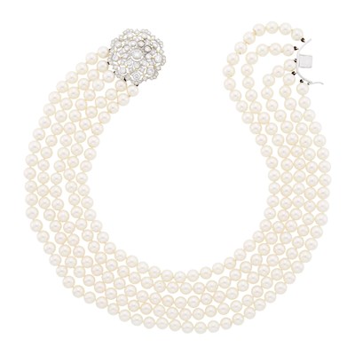 Lot 3140 - Five Strand Cultured Pearl Necklace with White Gold and Diamond Clasp