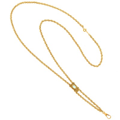 Lot 3160 - Antique Gold, Black Enamel and Opal Slide Chain Watch Fob Necklace