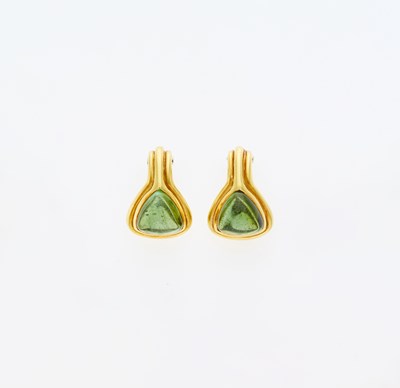 Lot 3100 - Pair of Gold and Cabochon Peridot Earclips