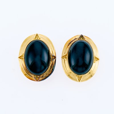 Lot 3244 - Pair of Gold and Black Onyx Earrings