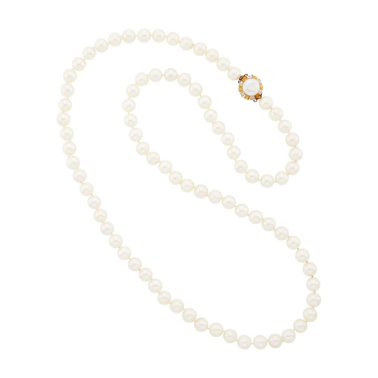 Lot 2213 - Long Cultured Pearl Necklace with Two-Color Gold, Freshwater Pearl and Diamond Clasp