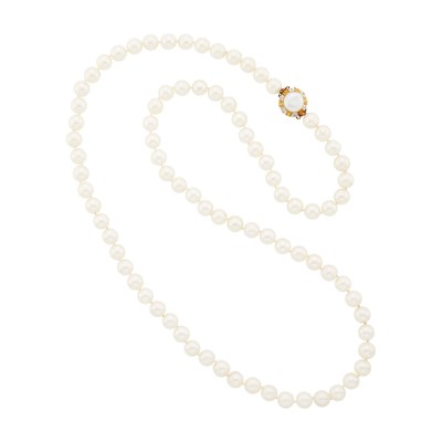 Lot 3204 - Long Cultured Pearl Necklace with Two-Color Gold, Freshwater Pearl and Diamond Clasp