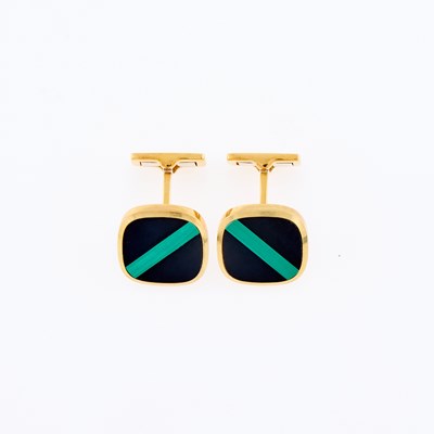 Lot 3226 - Pair of Gold, Black Onyx and Malachite Cufflinks