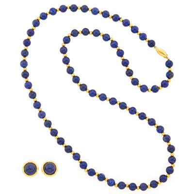 Lot 3312 - Gold and Lapis Bead Necklace and Pair of Earrings